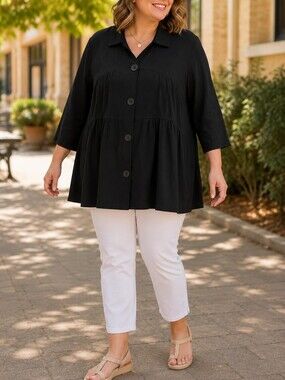 Coldwater Creek Black Linen Blend Button Front Babydoll Tunic Jacket Plus Size